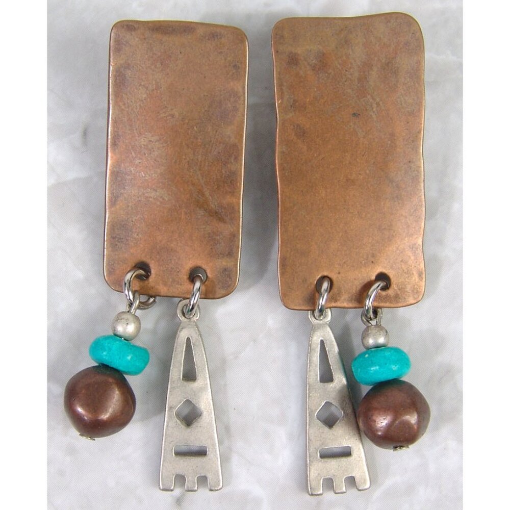 Vtg 90s Boho Festival Dangle Earrings Handmade Hammered Copper 2.75" Southwest